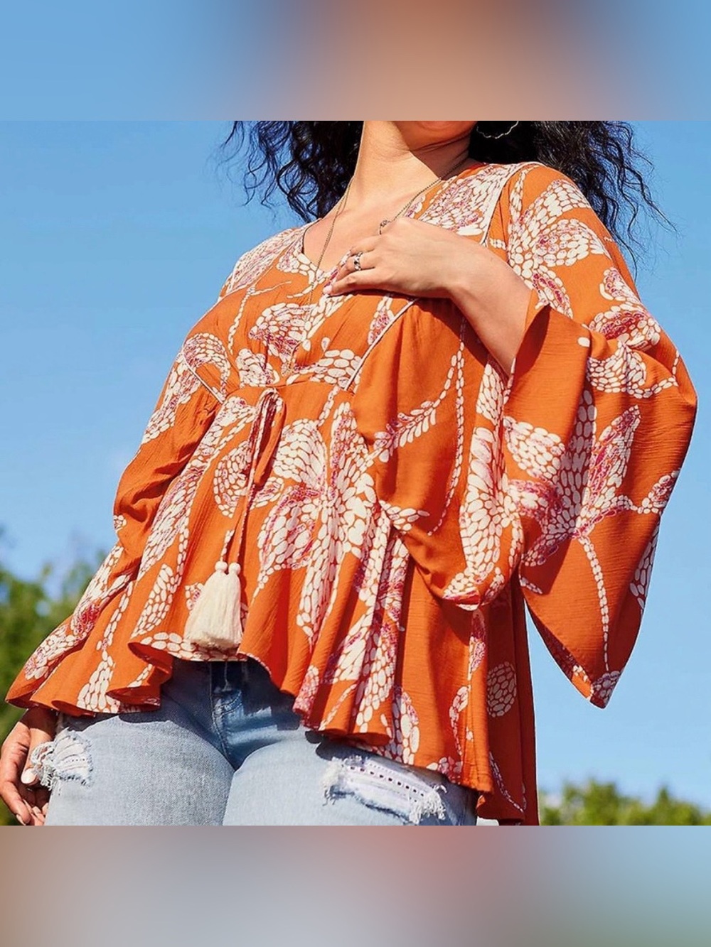 Maurices Orange Floral Kimono Sleeve Tunic with Tassels